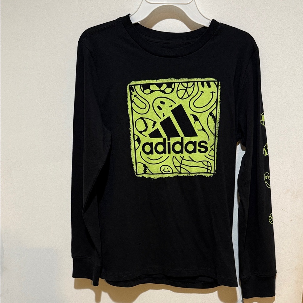 Adidas Kids Black and Neon Yellow Long Sleeve Tee